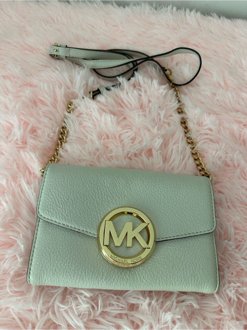 Michael Kors Ivory Pebble Leather Shoulder Crossbody with Goldtone Logo & Chain